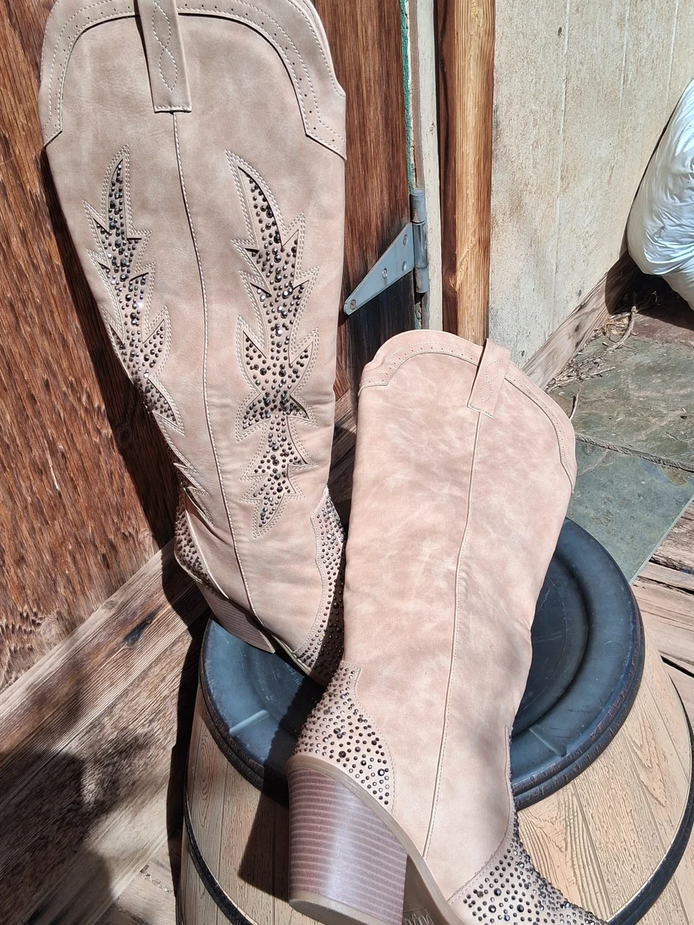 Sugar Beige Studded Knee-High Western Boots